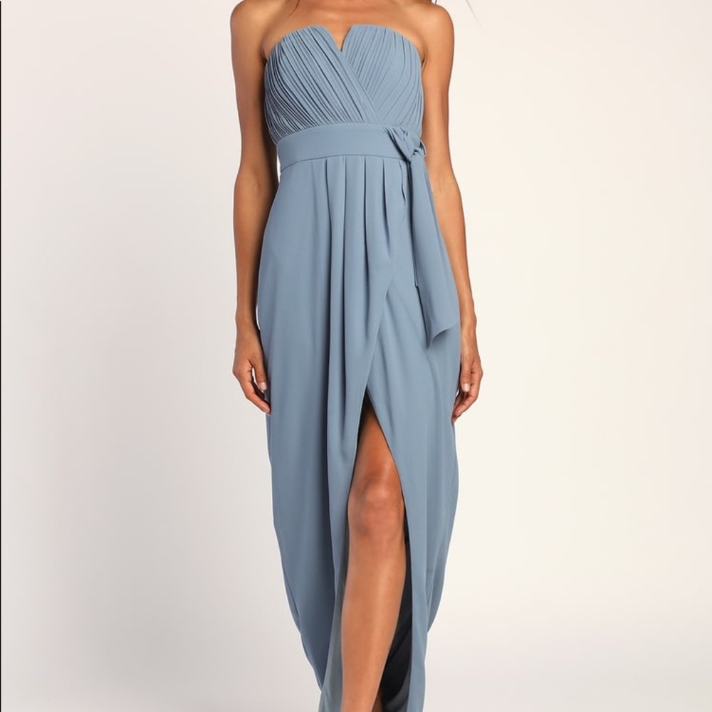 Lulus Easy Elegance Dusty Blue Pleated Strapless Maxi Dress